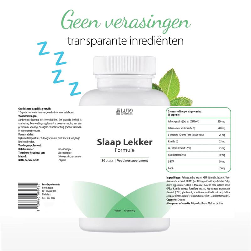 LUTO Slaap Lekker Formule vergelijking - ashwagandha, valeriaan, L-theanine en kamille, vegan en glutenvrij