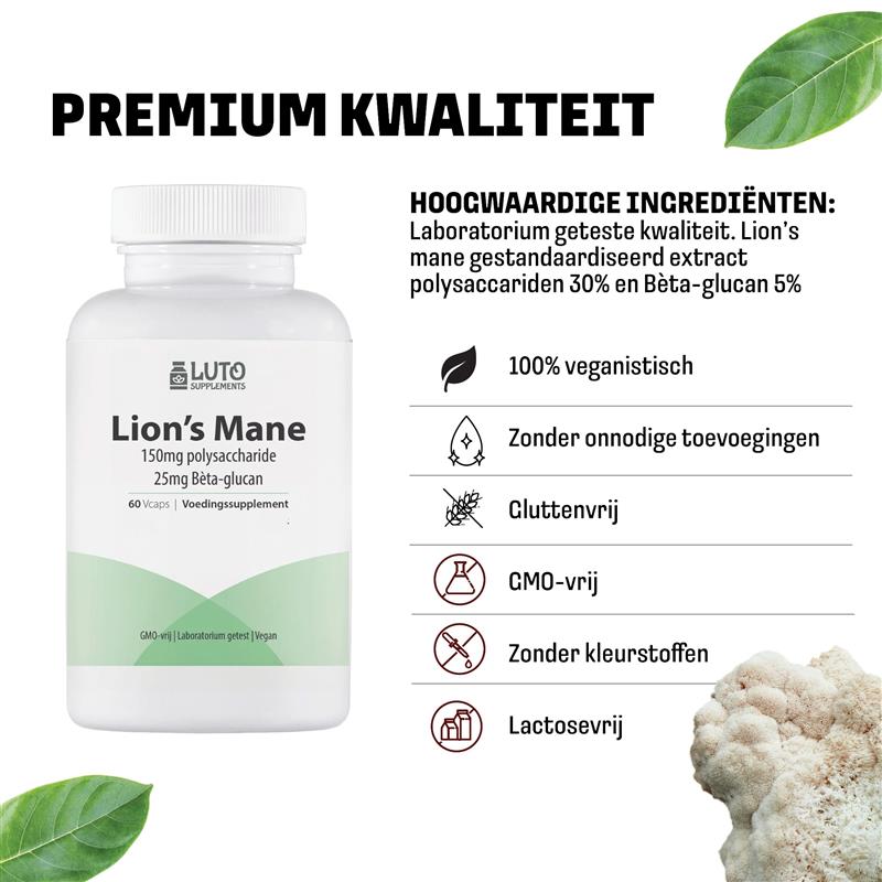 Premium kwaliteit LUTO Lions Mane capsules - vegan, glutenvrij, non-GMO, laboratorium getest