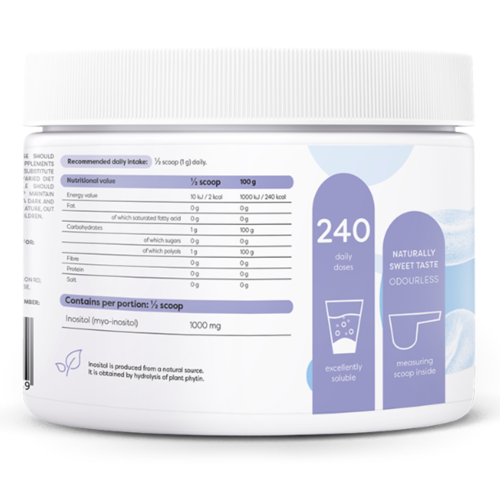 Nährwerte Osavi Inositol Pulver – 1000 mg Myo-Inositol pro halbem Messlöffel, 240 Portionen