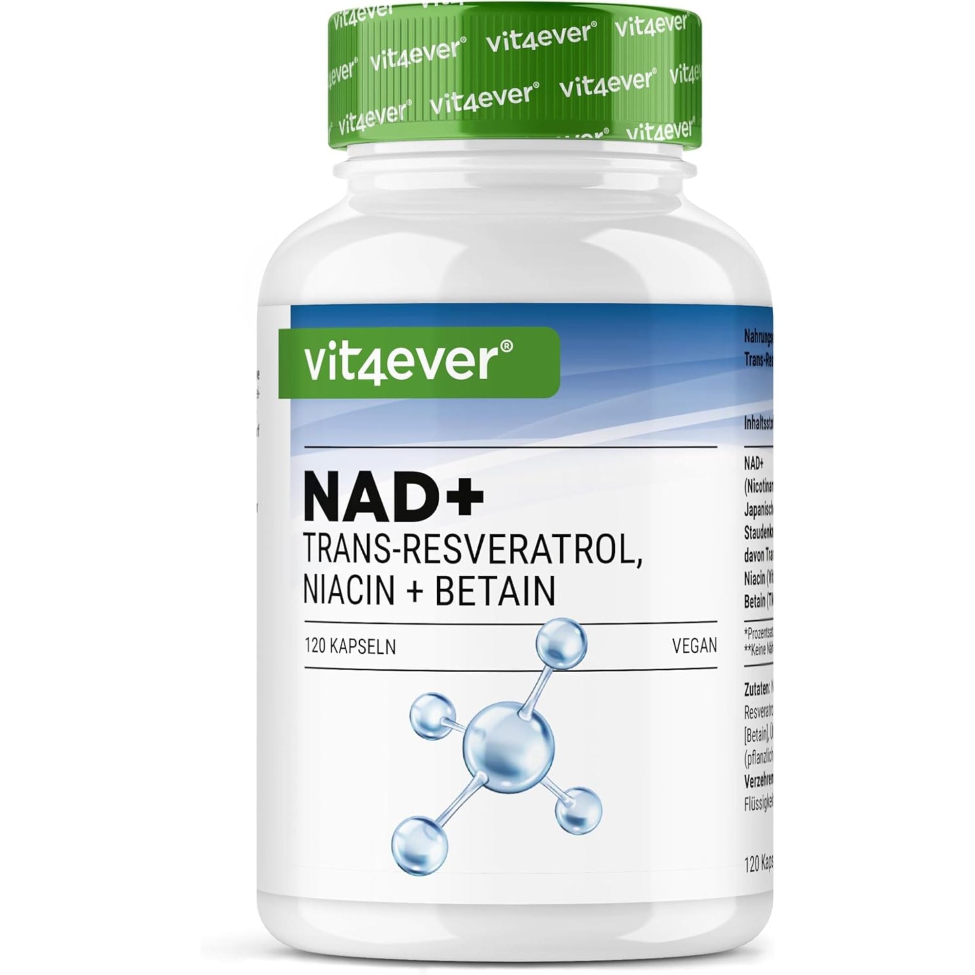 Vit4ever NAD+ mit Trans-Resveratrol, Niacin & Betain - 120 Kapseln