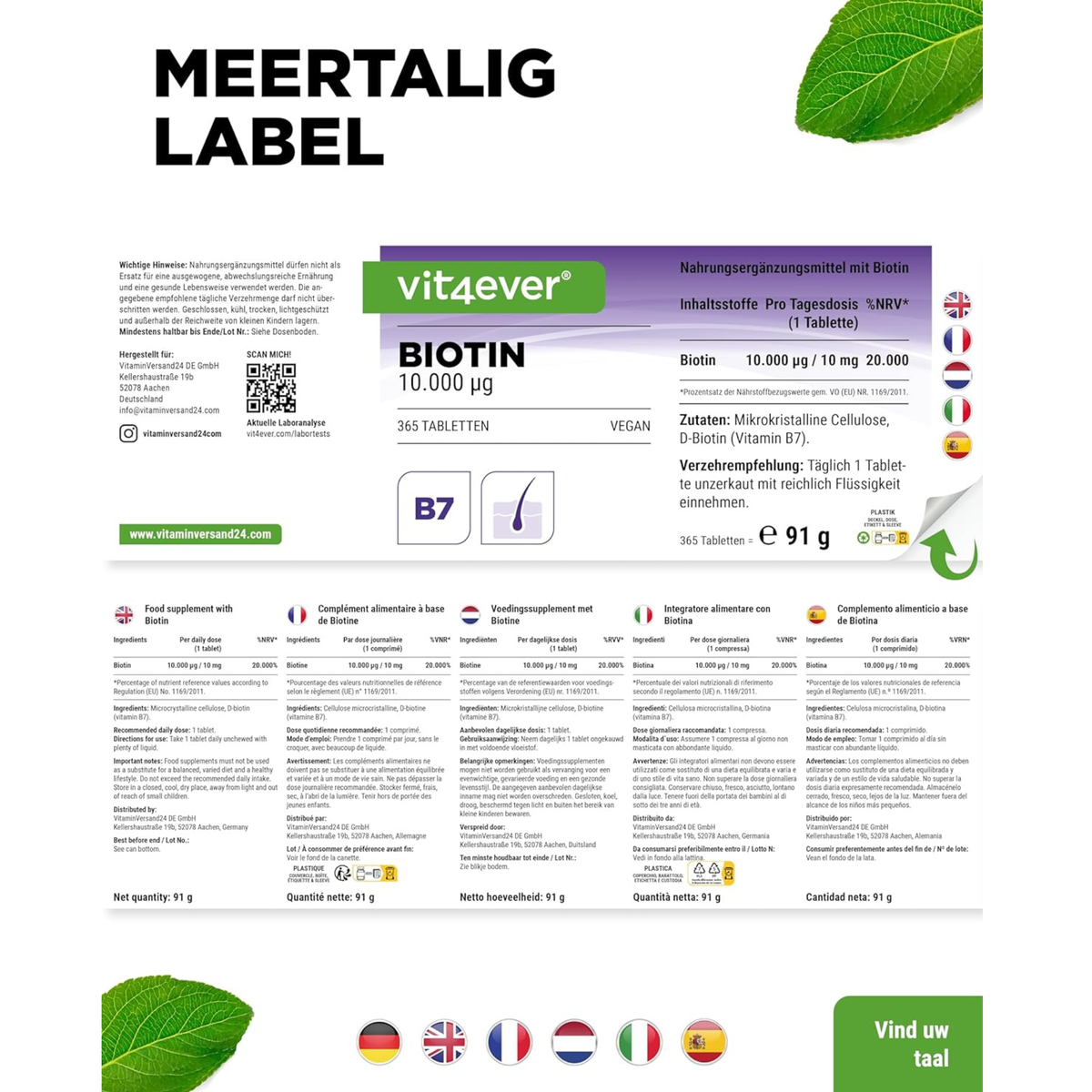 Biotin 10.000 µg | 365 Tabletten | Vit4ever