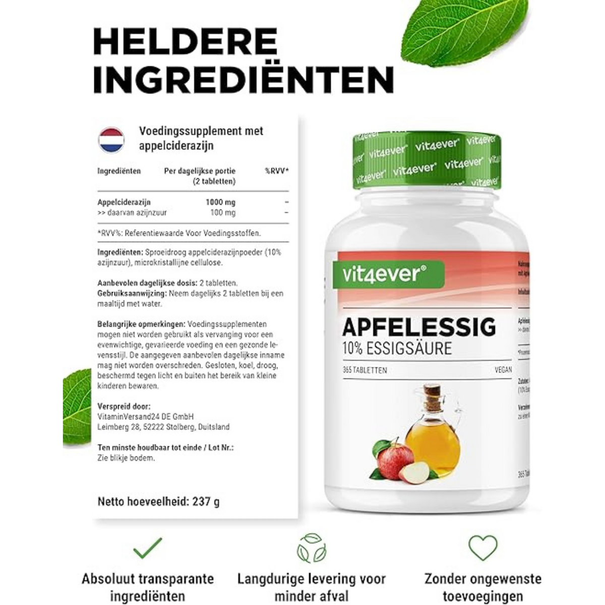 Apfelessig Tabletten 500mg | 365 Tabletten | Vit4ever