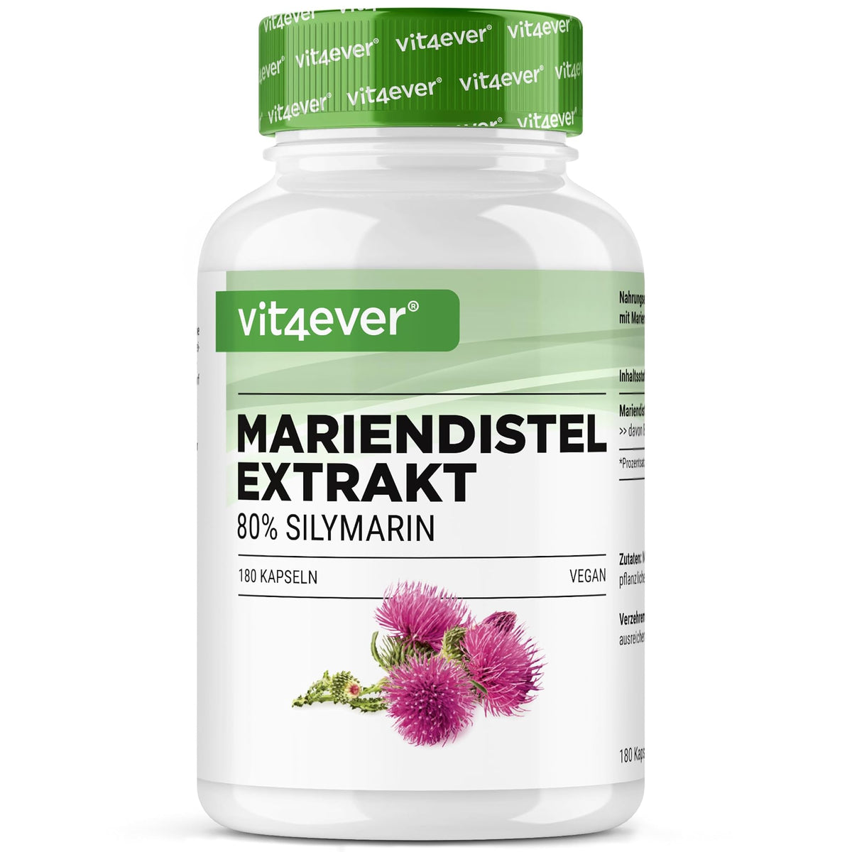 Vit4ever Mariendistelextrakt (80% Silymarin) 500mg 180 & 365 Kapseln – Produktdetail des Etiketts
