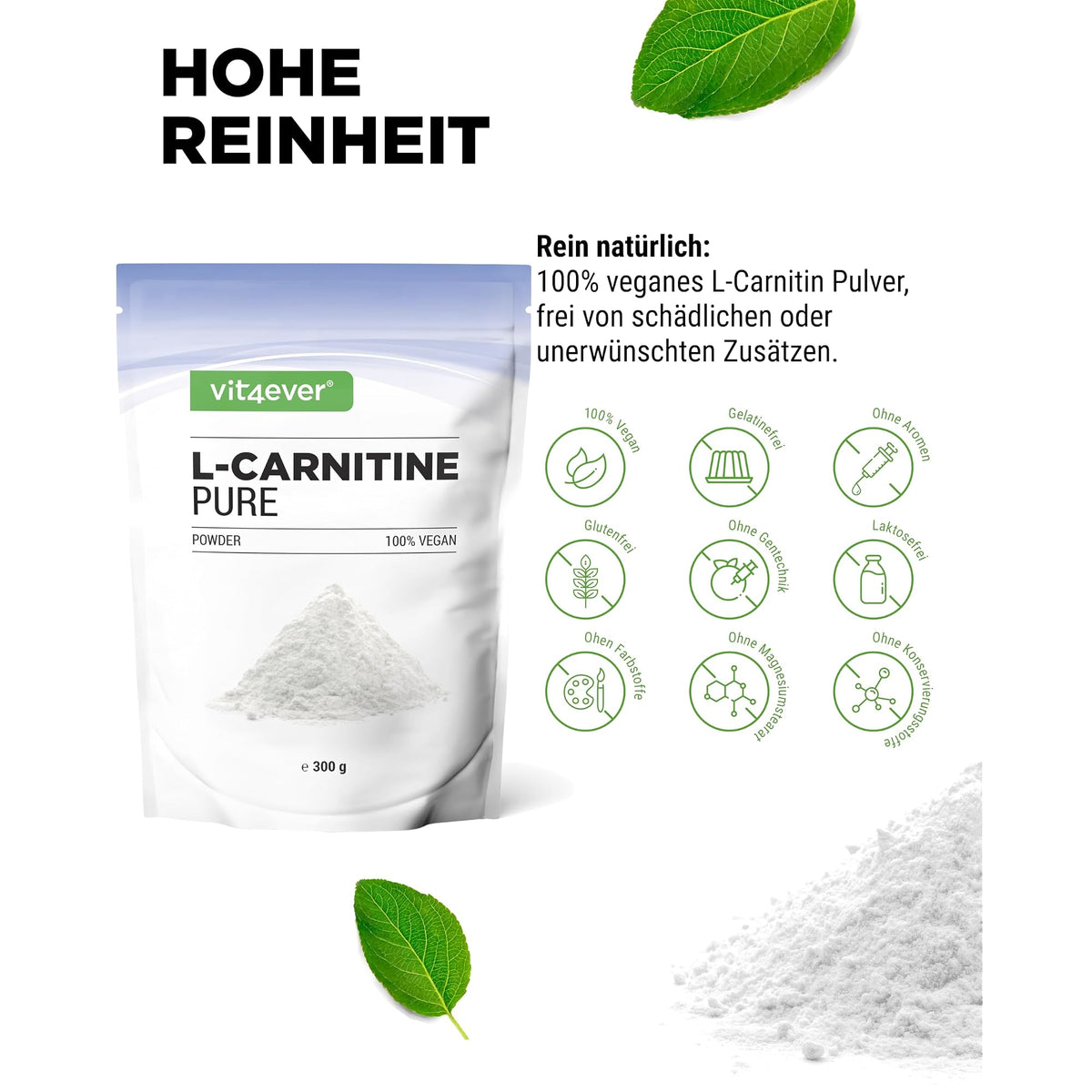 Vit4ever L-Carnitin Pulver Tartrat 300 Gramm – Nährwerte und Zutaten auf der Verpackung