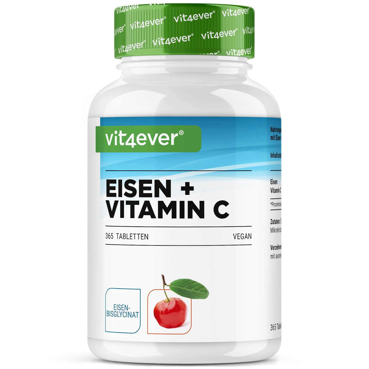 Vit4ever Eisen + Vitamin C (Eisenbisglycinat & Acerola) 20mg 365 Tabletten – Produktverpackung Vorderseite