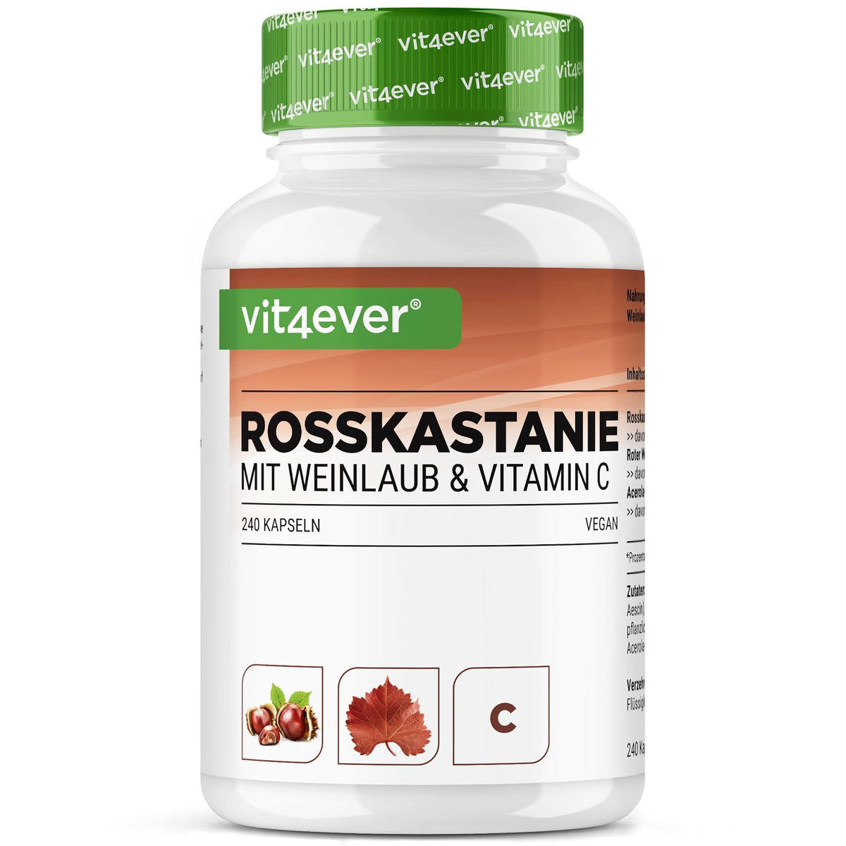 Vit4ever Rosskastanie & Rotes Weinlaub mit Vitamin C 240 Kapseln – Produktverpackung Vorderseite