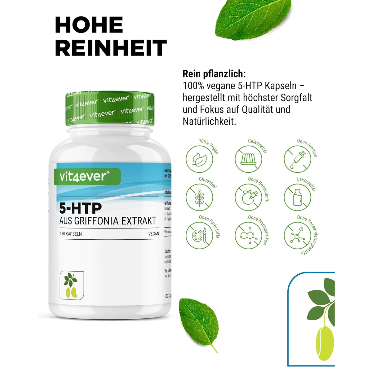 Vit4ever 5-HTP 100mg Griffonia-Extrakt 180 Kapseln – Nährwerte und Zutaten auf der Verpackung