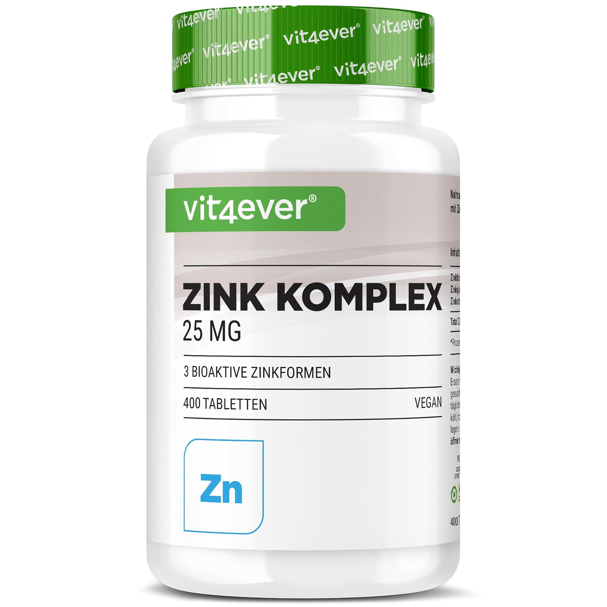 Vit4ever Zink Complex 25 mg (Zinkbisglycinat, Zinkgluconat, Zinkcitrat) 400 Tabletten – Produktverpackung Vorderseite