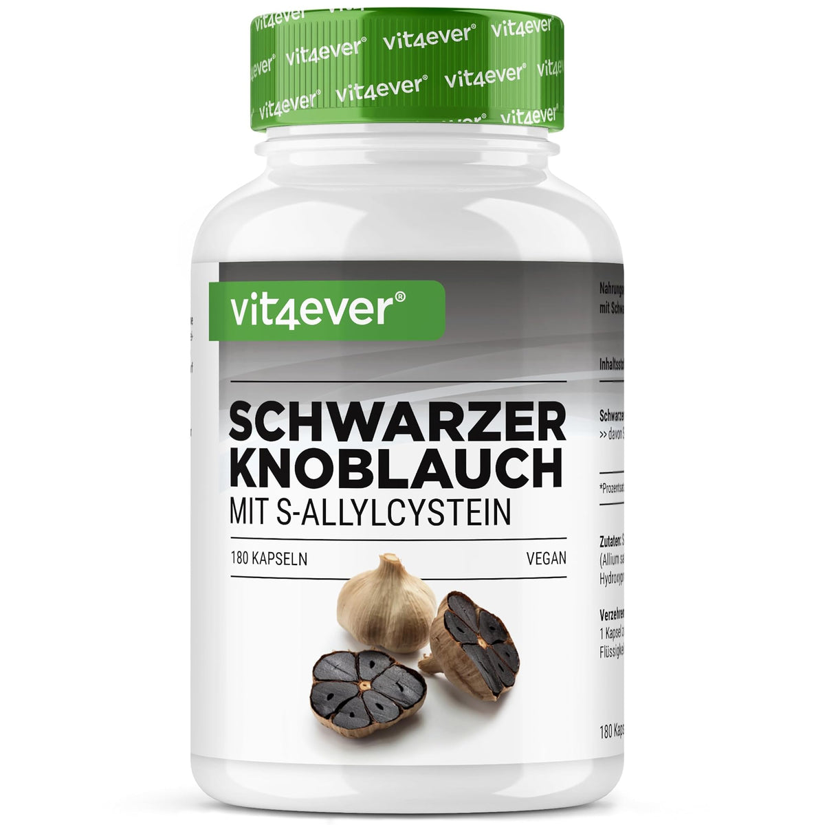 Vit4ever Schwarzer Knoblauch Extrakt 15:1 mit S-Allylcystein 180 Kapseln – Produktverpackung Vorderseite