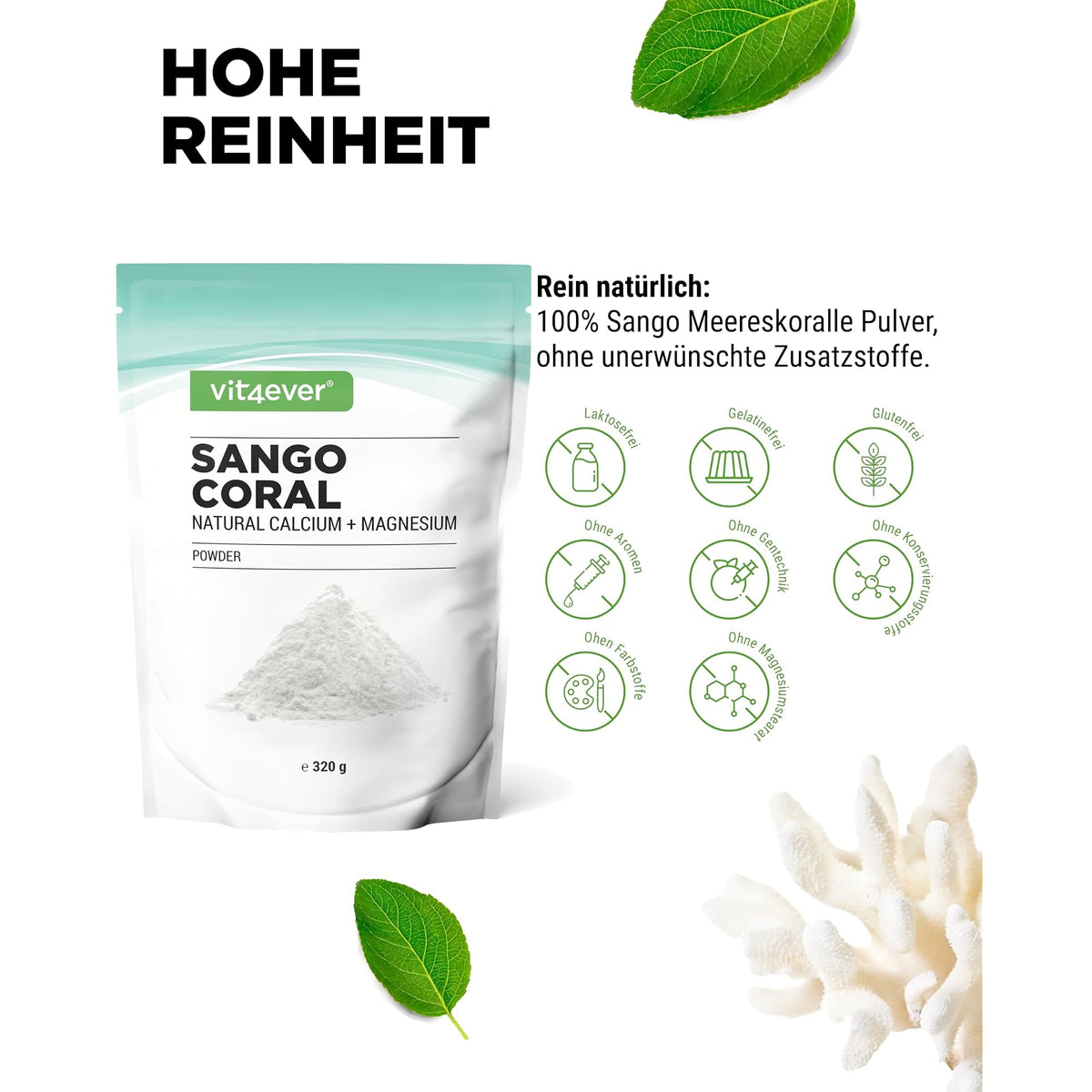 Vit4ever Sango Meereskoralle Pulver 2000mg 320g – Nährwerte und Zutaten auf der Verpackung