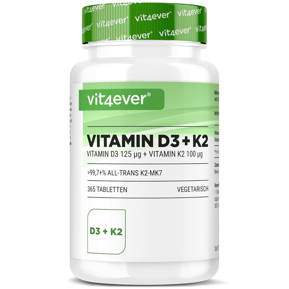 Vit4ever Vitamin D3 5000 IE + K2 100 µg 100-365 Tabletten – Produktverpackung Vorderseite