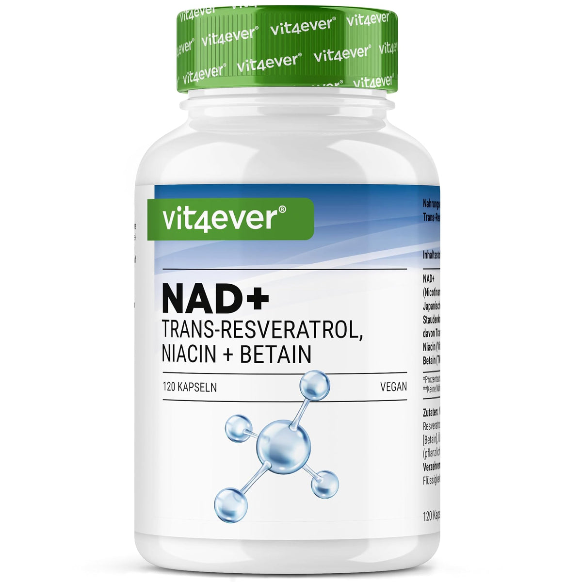Vit4ever NAD+ mit Trans-Resveratrol, Niacin & Betain 120 Kapseln – Produktverpackung Vorderseite