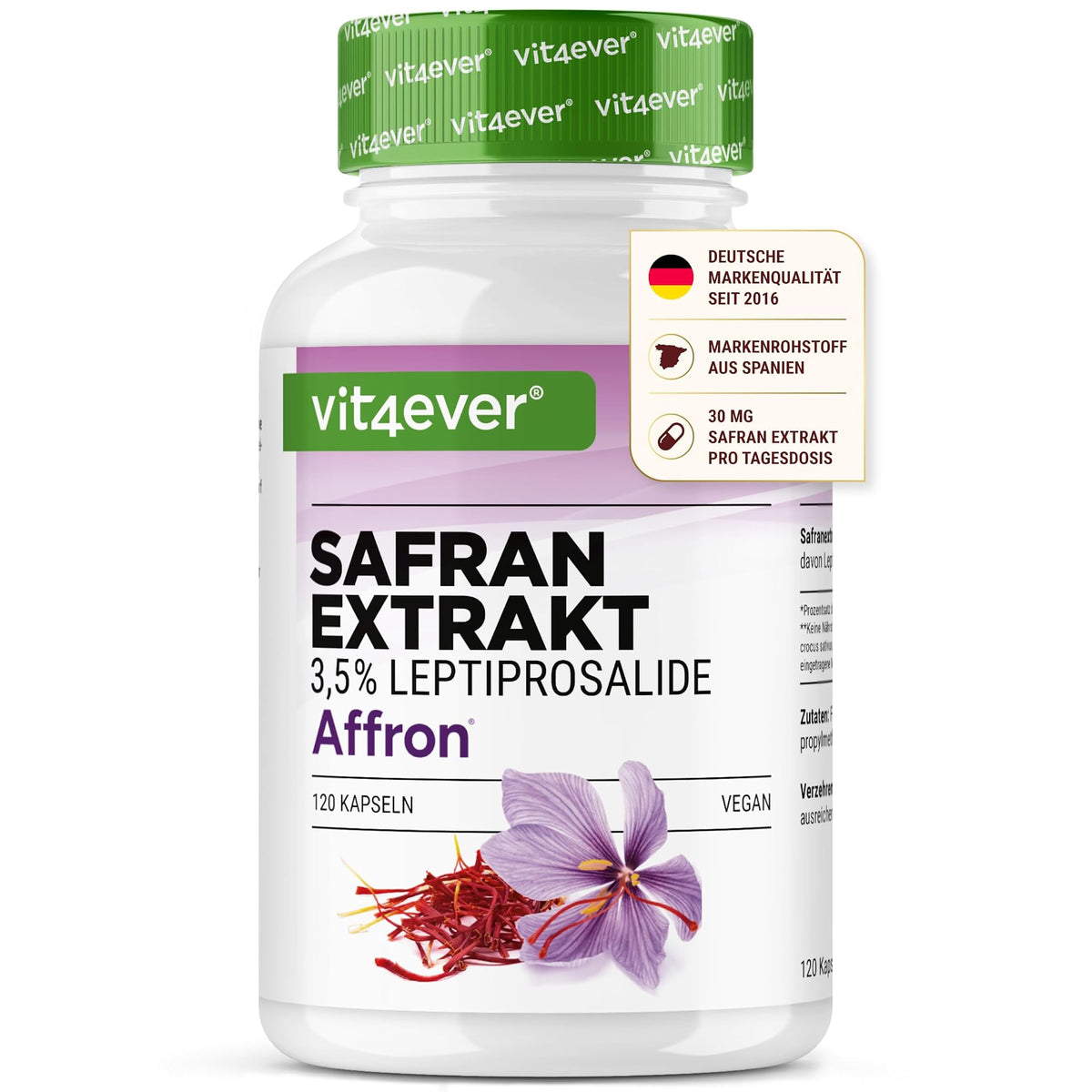 Vit4ever Safran-Extrakt Affron 30mg 120 Kapseln – Produktverpackung Vorderseite