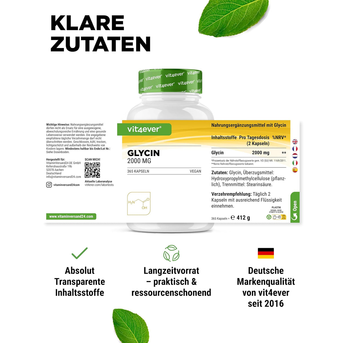Vit4ever Glycin 2000 mg 365 Kapseln – empfohlene Anwendung und Einnahme
