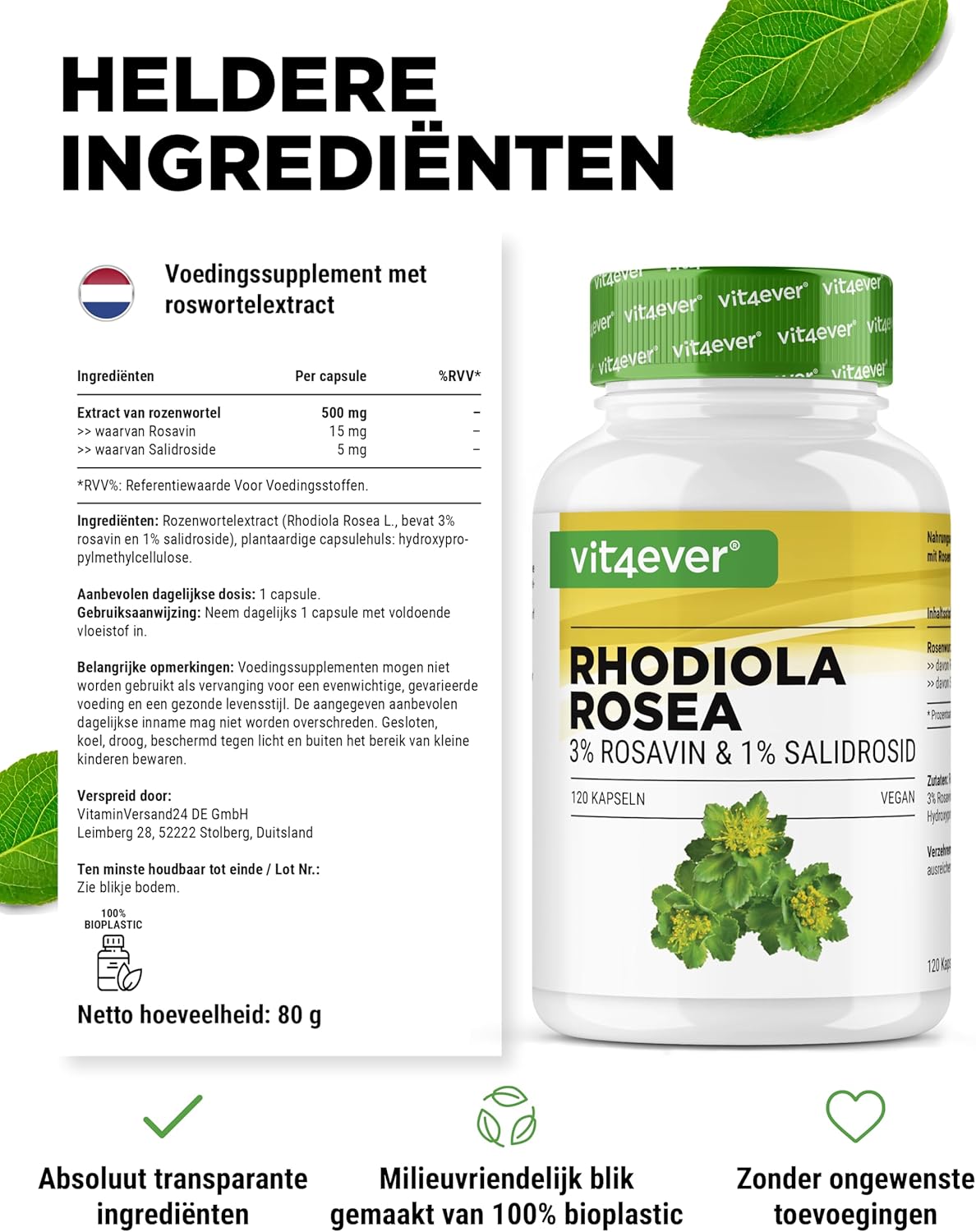 Rhodiola Rosea Extrakt 500 mg | 120 Kapseln | Vit4ever