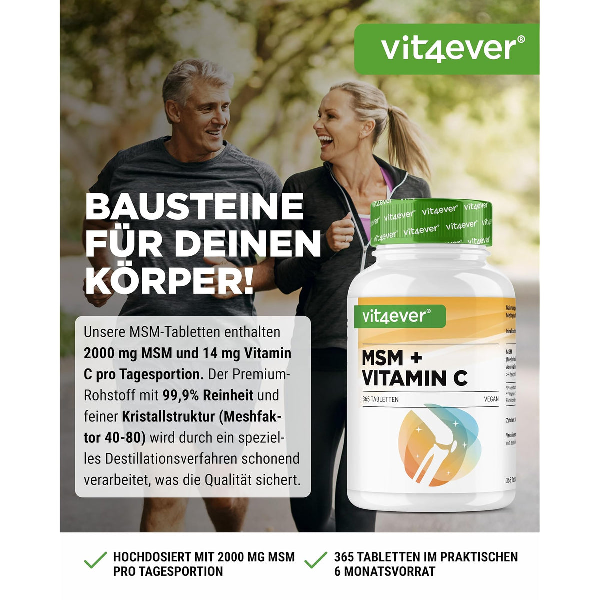 Vit4ever MSM + Vitamin C 2000 mg 365 Tabletten – Etikett mit Inhaltsstoffen und Dosierung