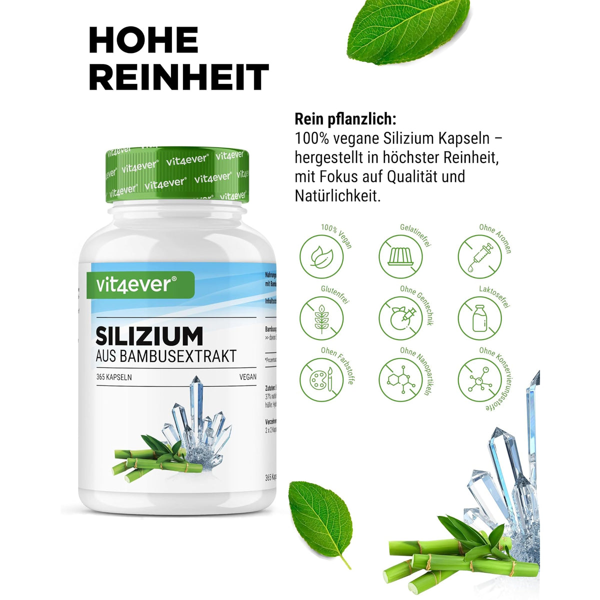 Vit4ever Silizium aus Bambus-Extrakt 500mg 365 Kapseln – Nährwerte und Zutaten auf der Verpackung