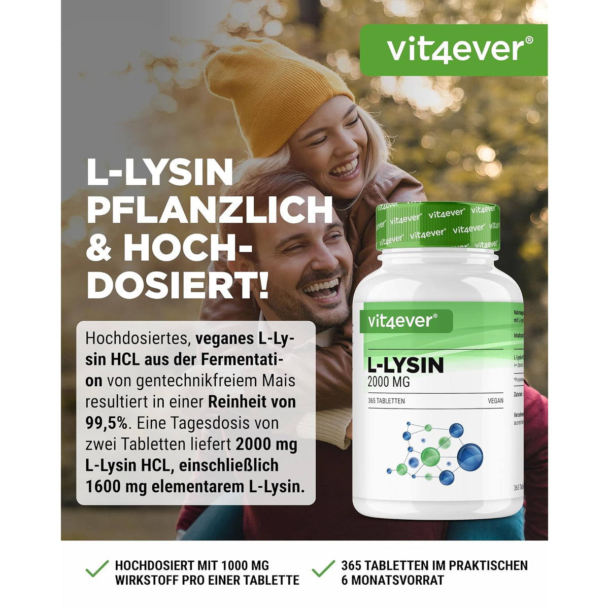 Vit4ever L-Lysin 1000mg Tabletten 160 & 365 Tabletten – Etikett mit Inhaltsstoffen und Dosierung