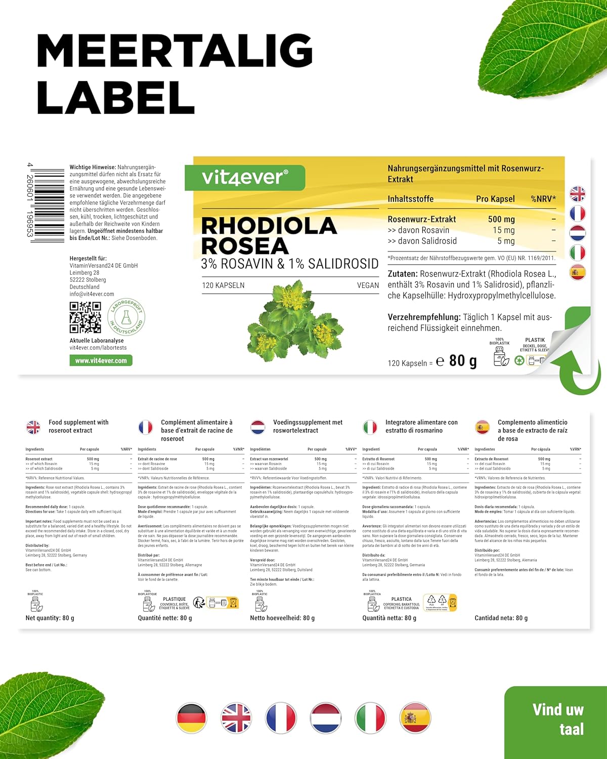 Rhodiola Rosea Extrakt 500 mg | 120 Kapseln | Vit4ever