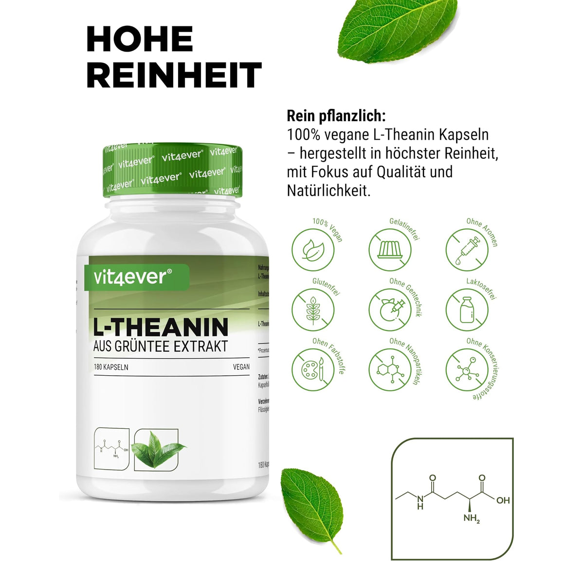Vit4ever L-Theanin 750mg 180 Kapseln – Nährwerte und Zutaten auf der Verpackung