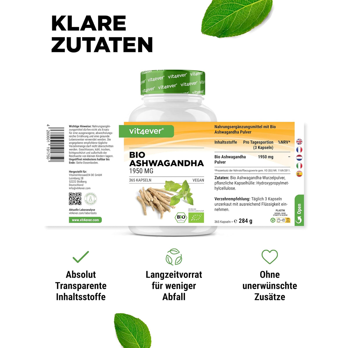 Vit4ever Bio Ashwagandha Wurzelpulver 1950mg 365 Kapseln – empfohlene Anwendung und Einnahme