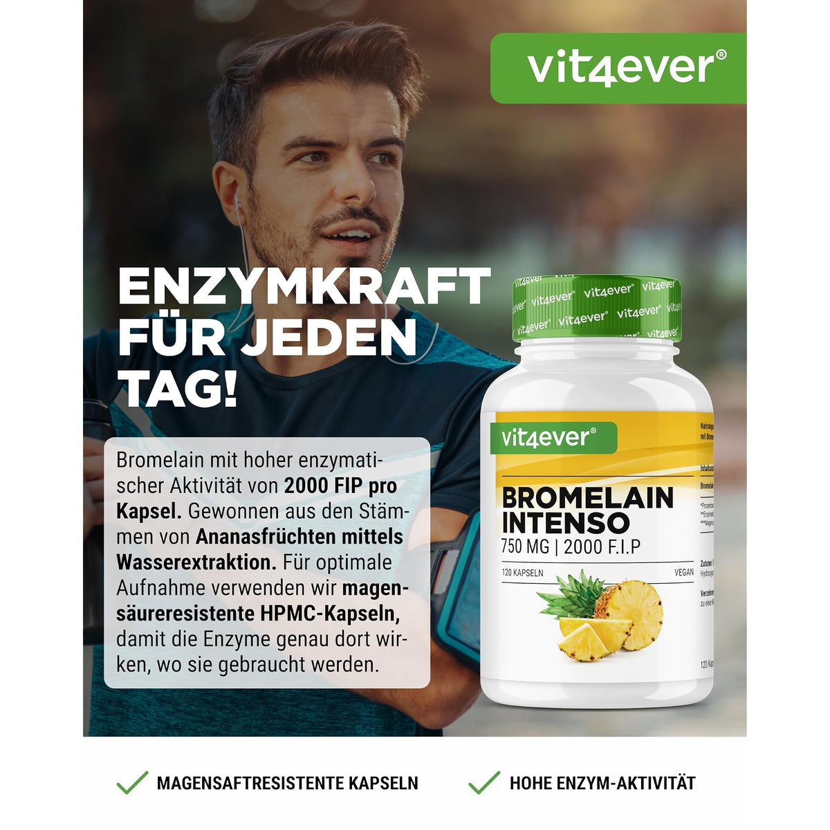 Vit4ever Bromelain 750 mg 2000 F.I.P. 120 Kapseln – Etikett mit Inhaltsstoffen und Dosierung