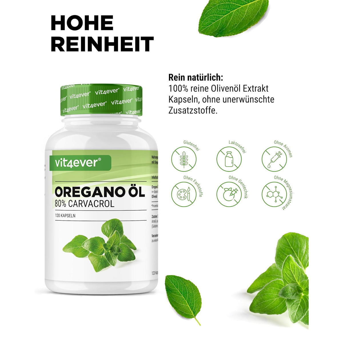 Vit4ever Oregano Öl 150 mg 80% Carvacrol 120 Kapseln – Nährwerte und Zutaten auf der Verpackung