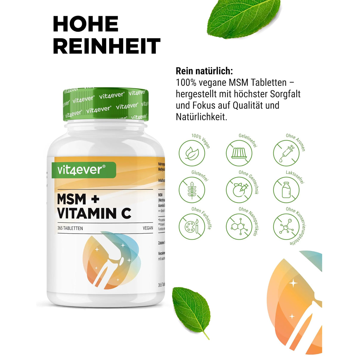 Vit4ever MSM + Vitamin C 2000 mg 365 Tabletten – Nährwerte und Zutaten auf der Verpackung