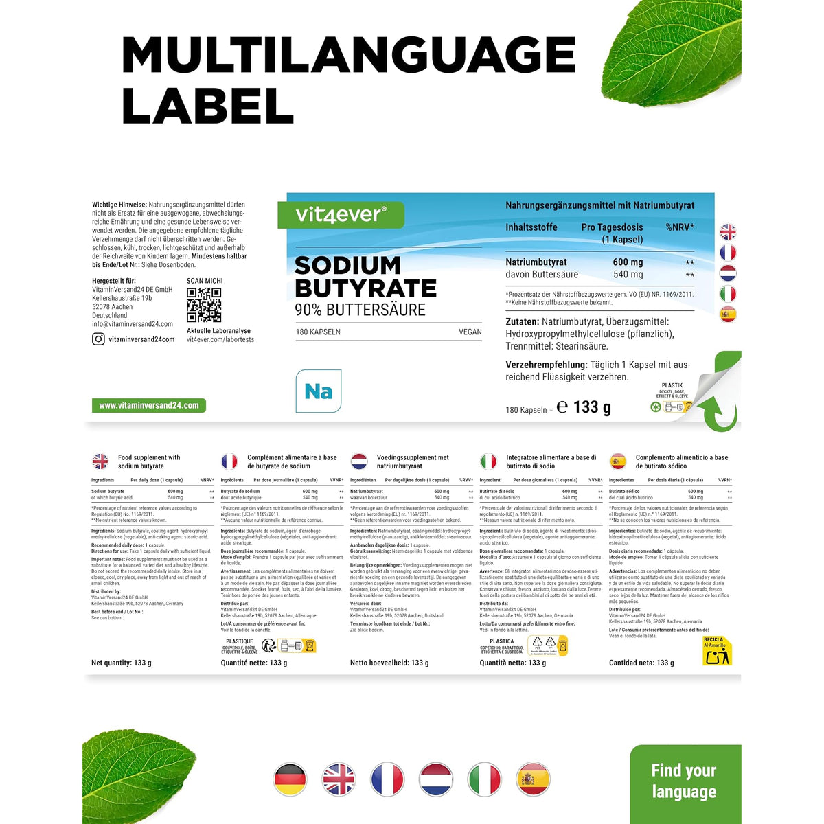 Vit4ever Natriumbutyrat (Buttersäure) 90% 180 Kapseln – Verpackung Rückseite