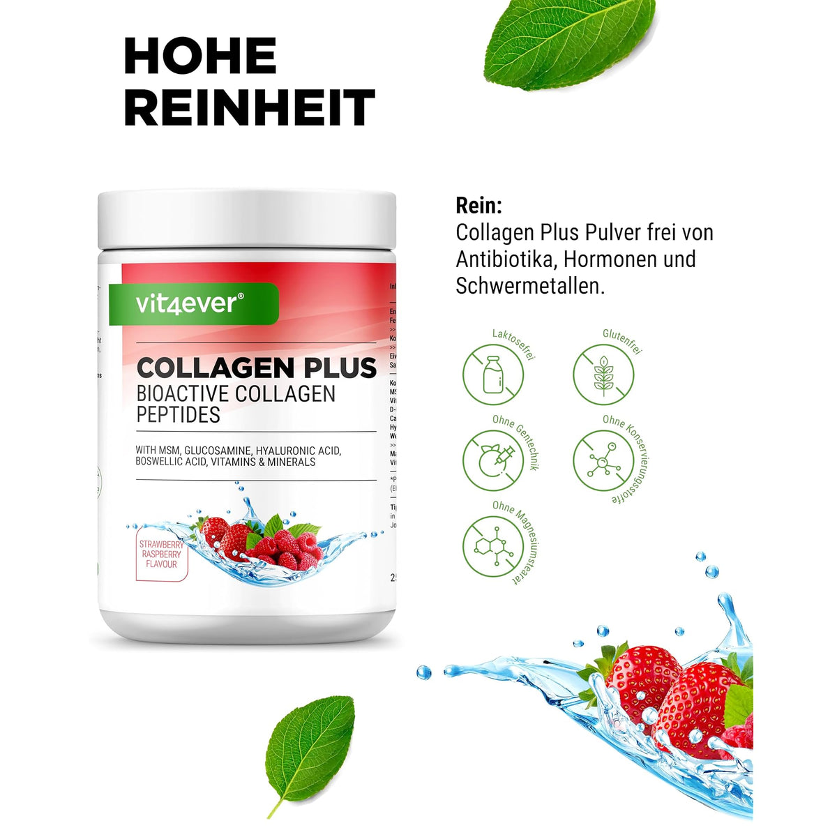 Vit4ever Collagen Plus Erdbeer-Himbeer 500 g – Nährwerte und Zutaten auf der Verpackung