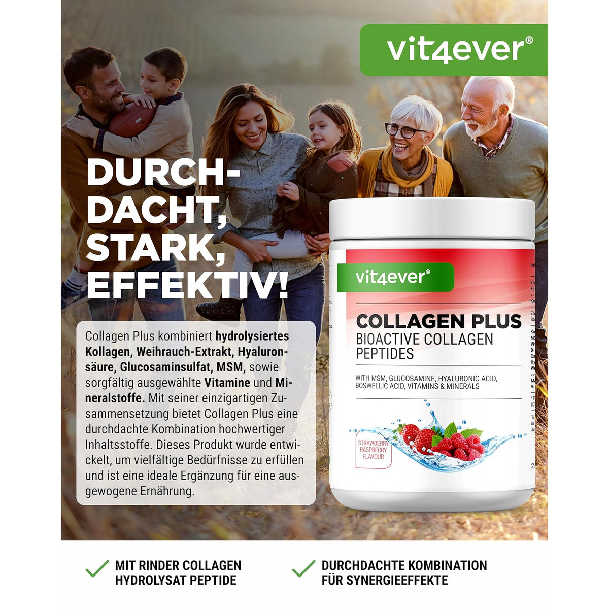 Vit4ever Collagen Plus Erdbeer-Himbeer 500 g – Etikett mit Inhaltsstoffen und Dosierung