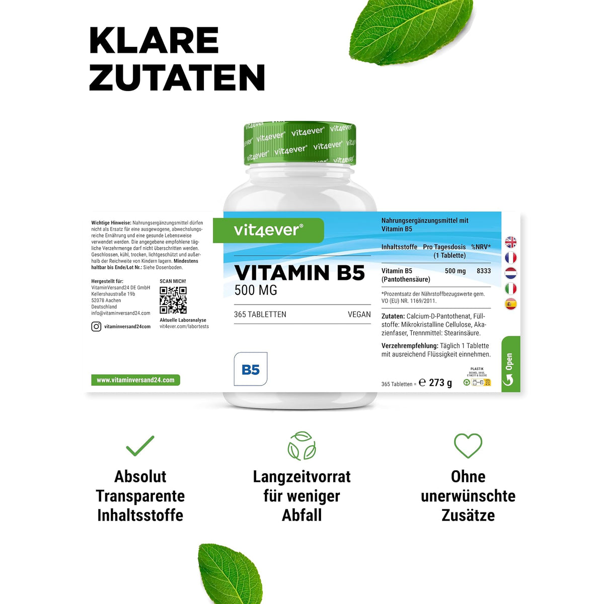 Vit4ever Vitamin B5 (Pantothensäure) 500 mg 365 Tabletten – empfohlene Anwendung und Einnahme