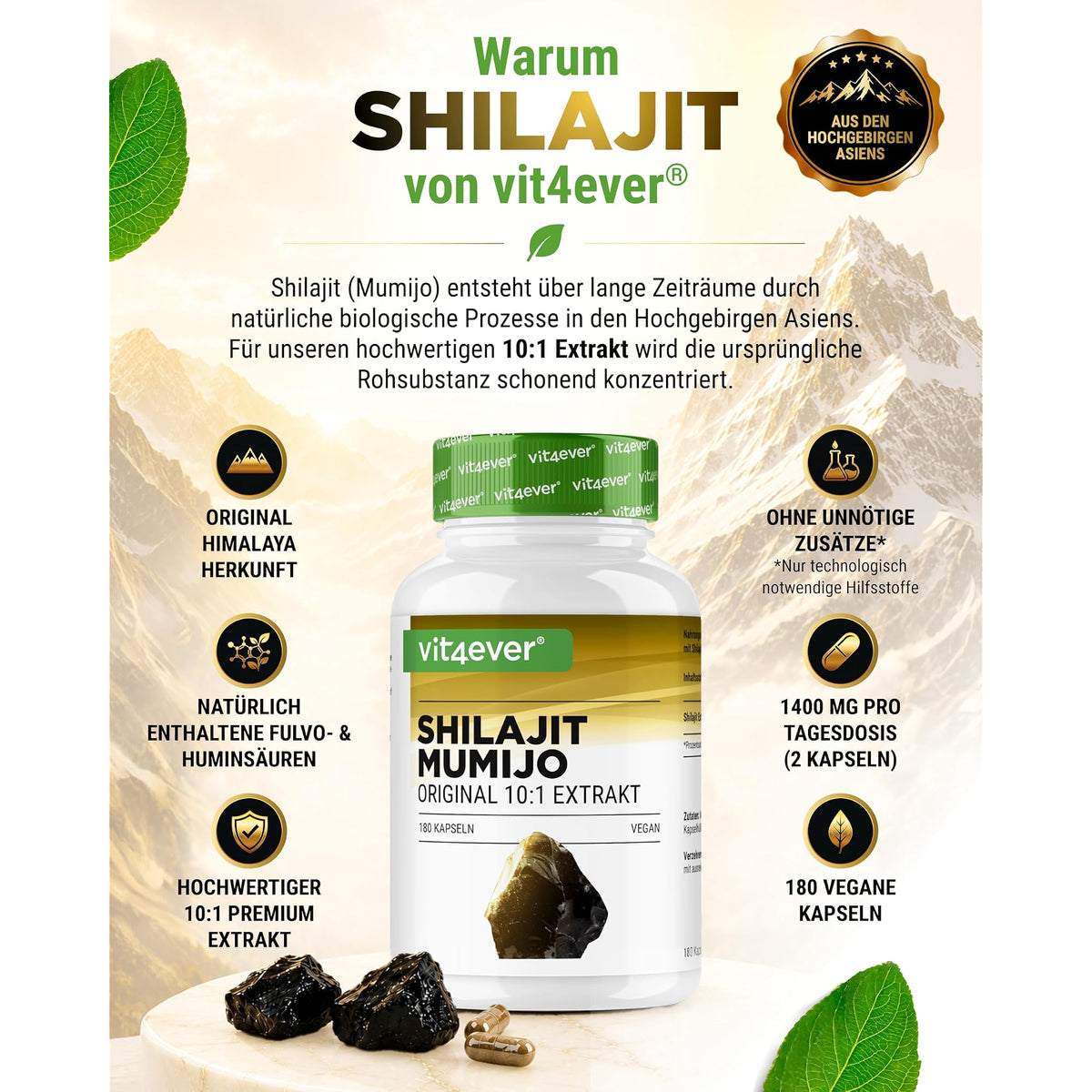 Vit4ever Shilajit Mumijo Extrakt 1500mg 180 Kapseln – Etikett mit Inhaltsstoffen und Dosierung