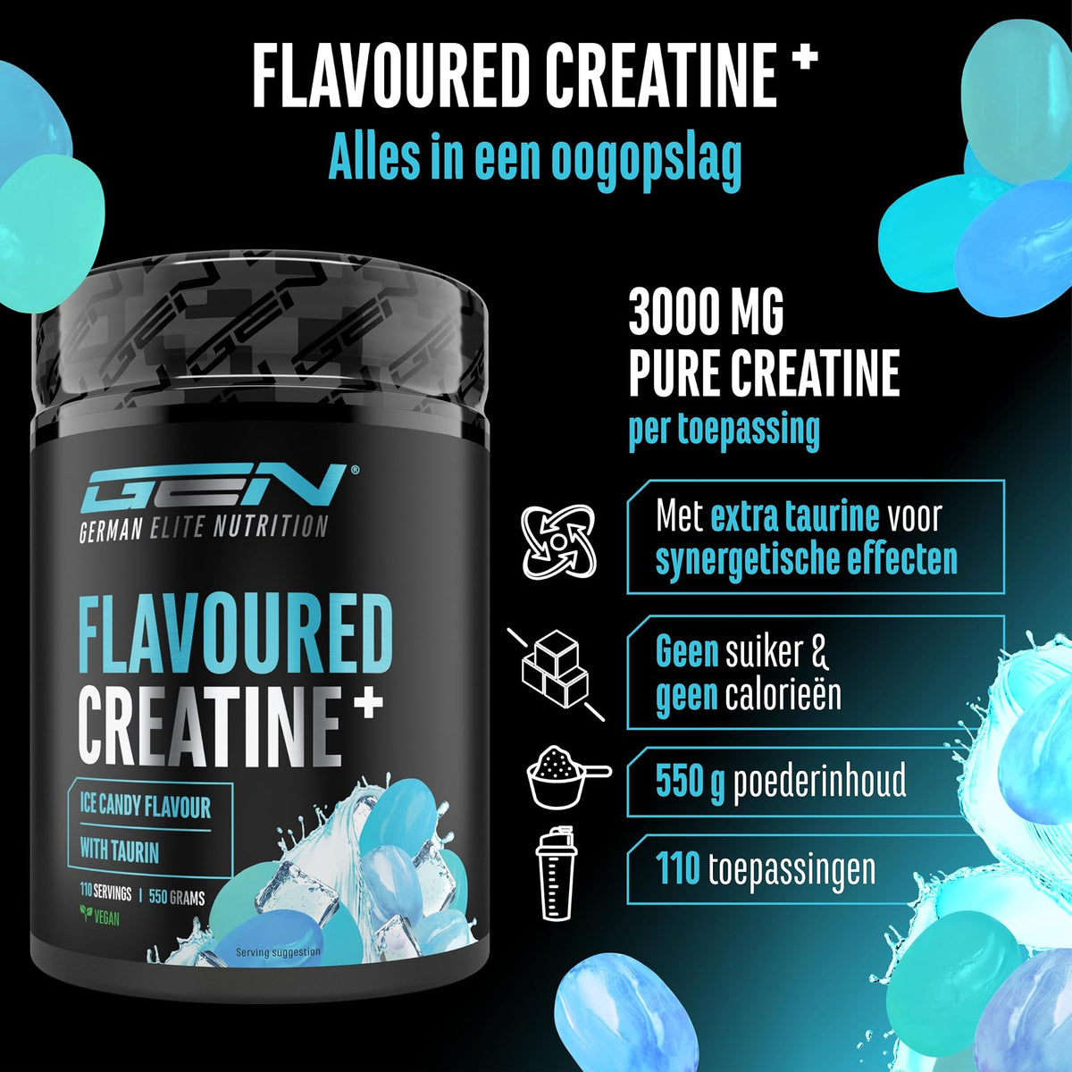 German Elite Nutrition Flavoured Creatine+ Ice Candy 550 g - sportsupplement zonder onnodige toevoegingen