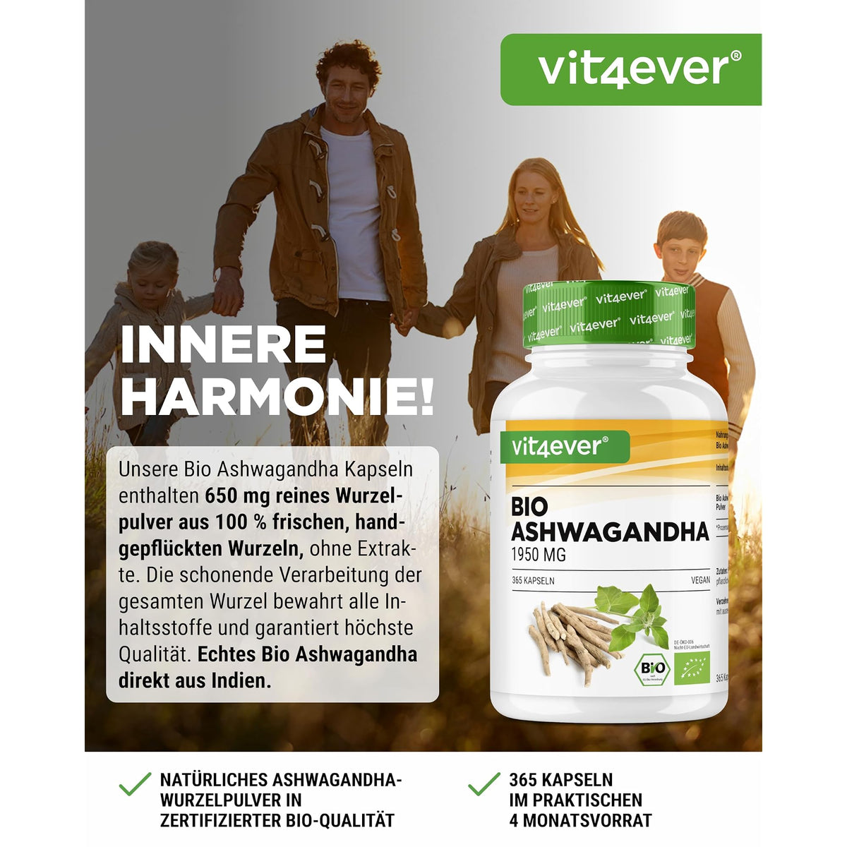 Vit4ever Bio Ashwagandha Wurzelpulver 1950mg 365 Kapseln – Etikett mit Inhaltsstoffen und Dosierung
