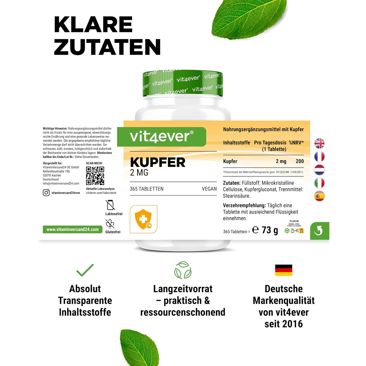 Vit4ever Kupfer (Kupfergluconat) 2 mg 365 Tabletten – empfohlene Anwendung und Einnahme