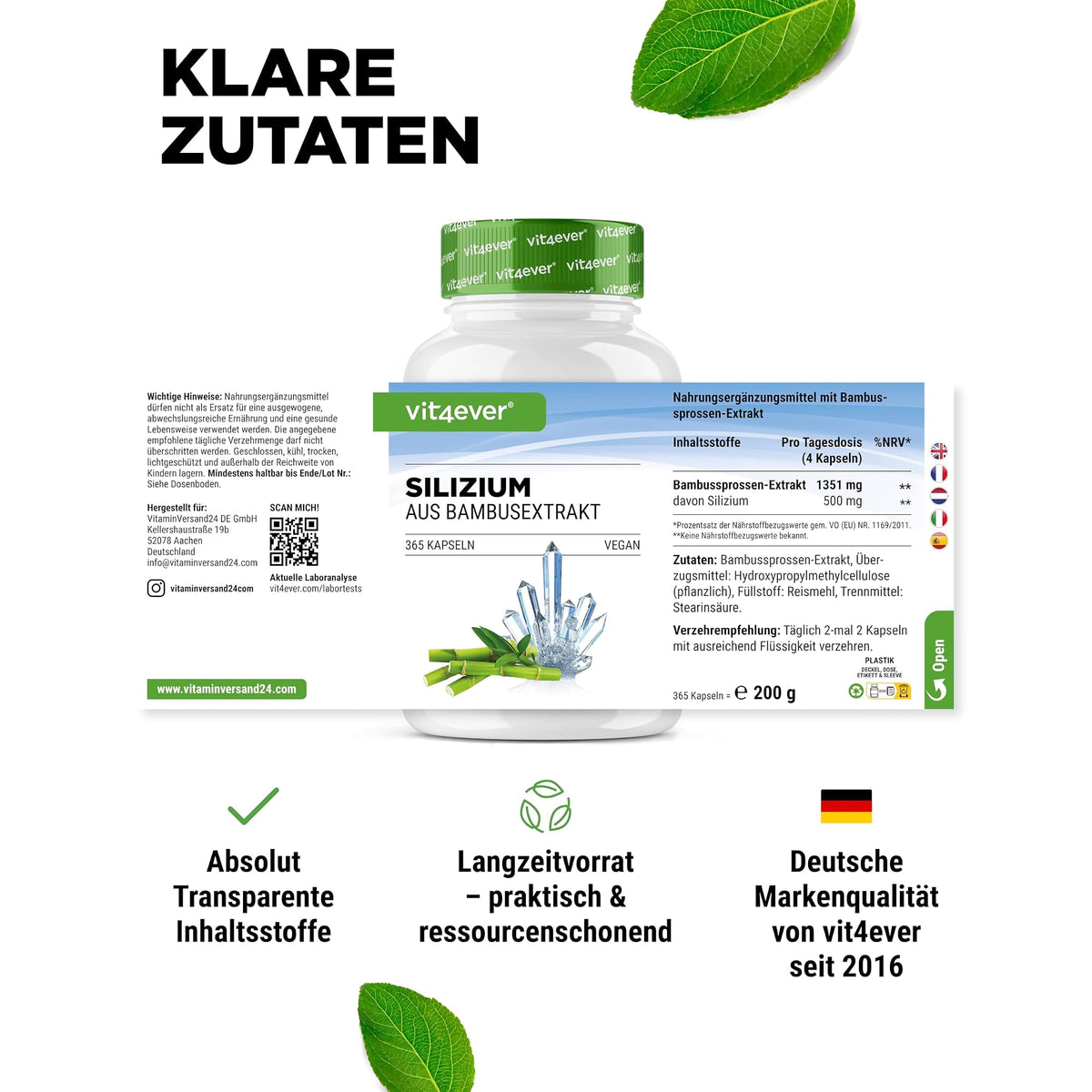 Vit4ever Silizium aus Bambus-Extrakt 500mg 365 Kapseln – empfohlene Anwendung und Einnahme