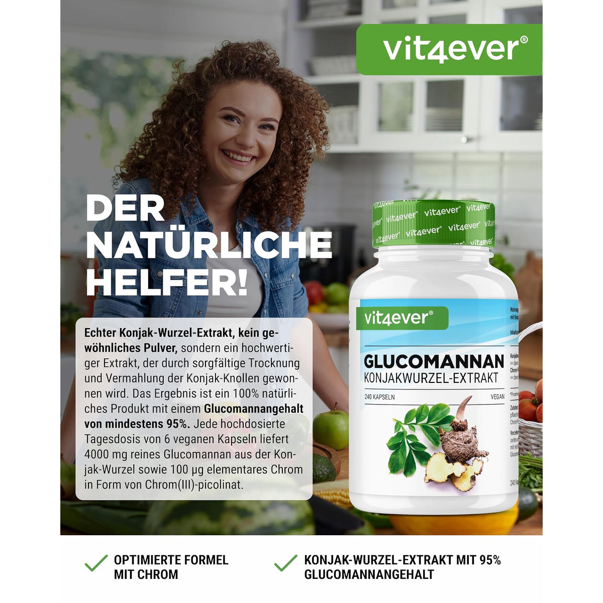 Vit4ever Glucomannan Konjakwurzel + Chrom 180 oder 240 Kapseln – Etikett mit Inhaltsstoffen und Dosierung