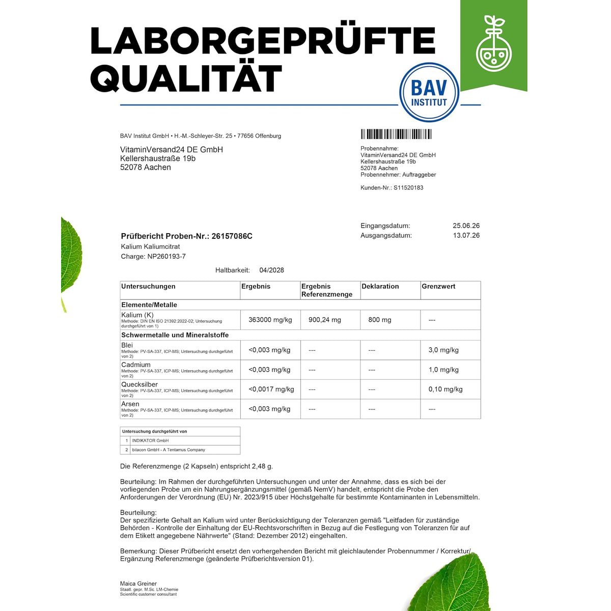 Vit4ever Kaliumcitrat 800 mg 365 Kapseln – Produktdetail des Etiketts
