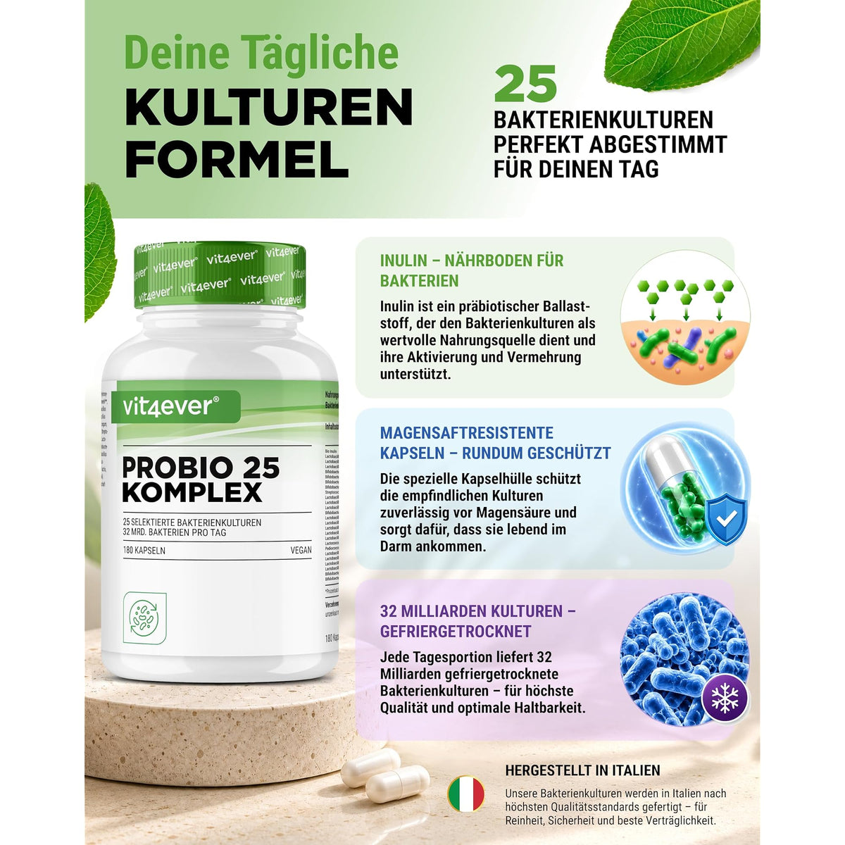 Vit4ever Probiotika Komplex (Probio 25) 25 Bakterienstämme + Bio-Inulin 180 Kapseln – Produkt aus der Nähe