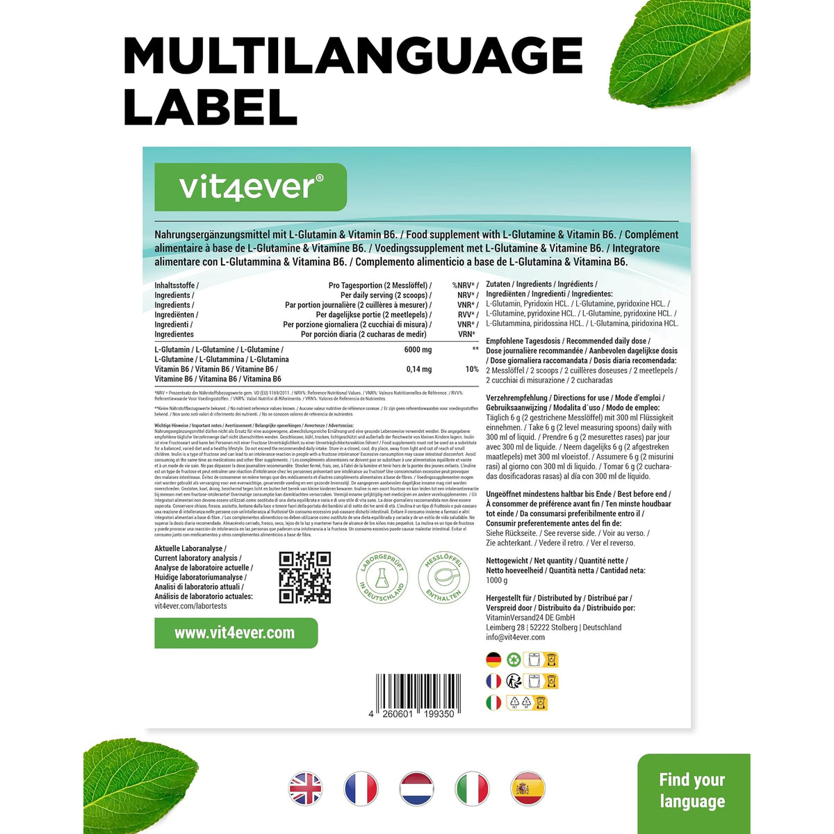 Vit4ever L-Glutamin Pulver 6000mg + B6 1000 Gramm – Verpackung Rückseite