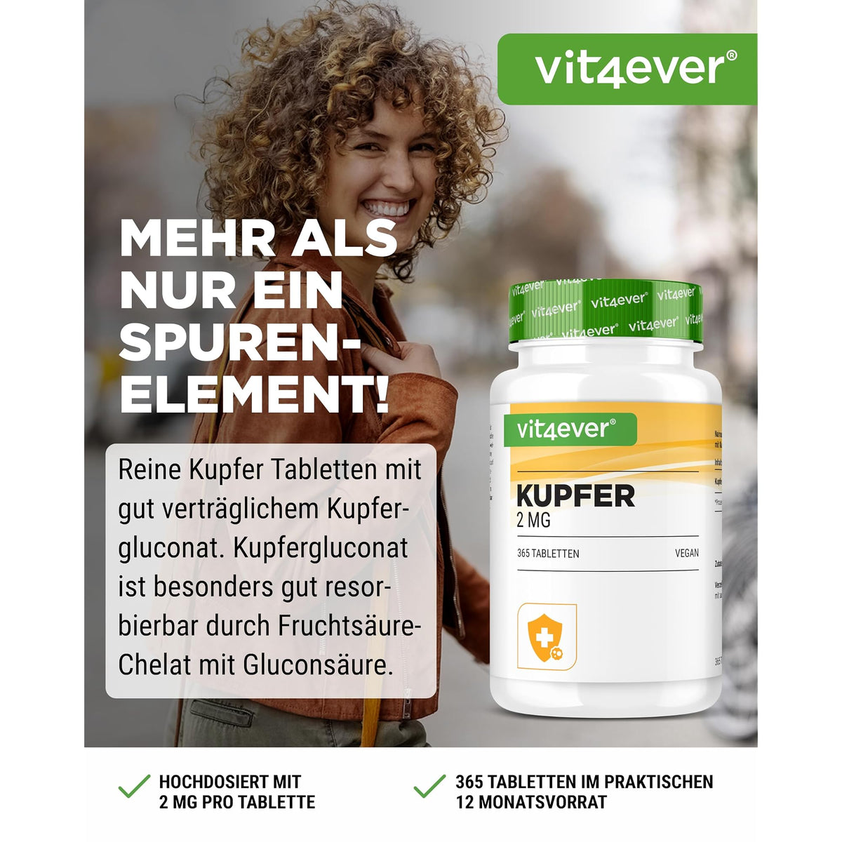 Vit4ever Kupfer (Kupfergluconat) 2 mg 365 Tabletten – Etikett mit Inhaltsstoffen und Dosierung