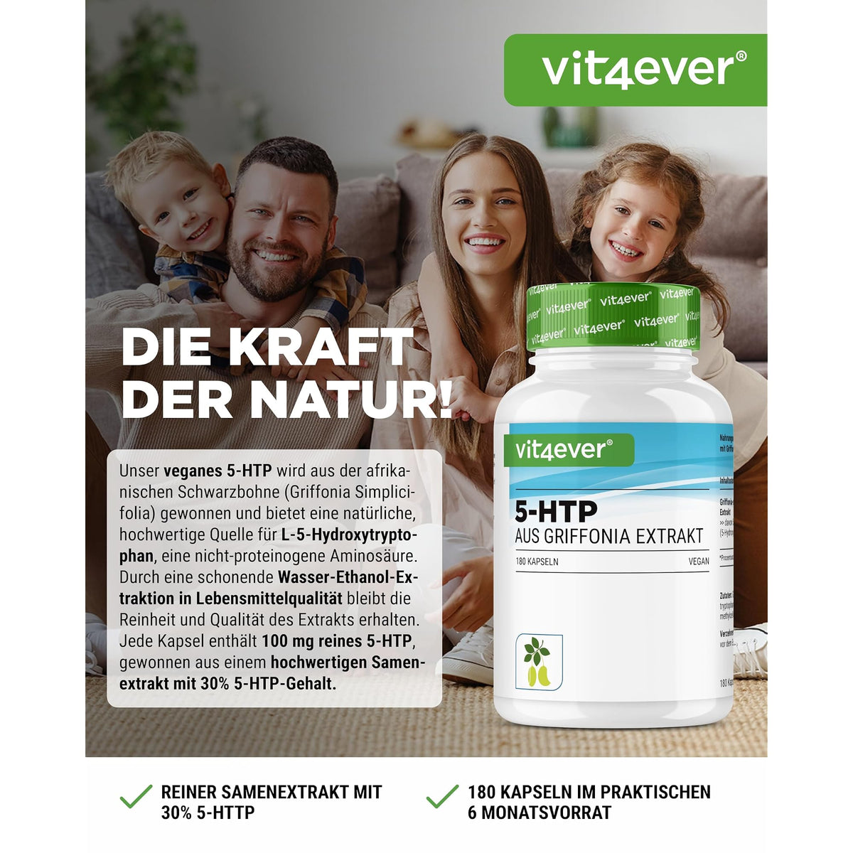 Vit4ever 5-HTP 100mg Griffonia-Extrakt 180 Kapseln – Etikett mit Inhaltsstoffen und Dosierung