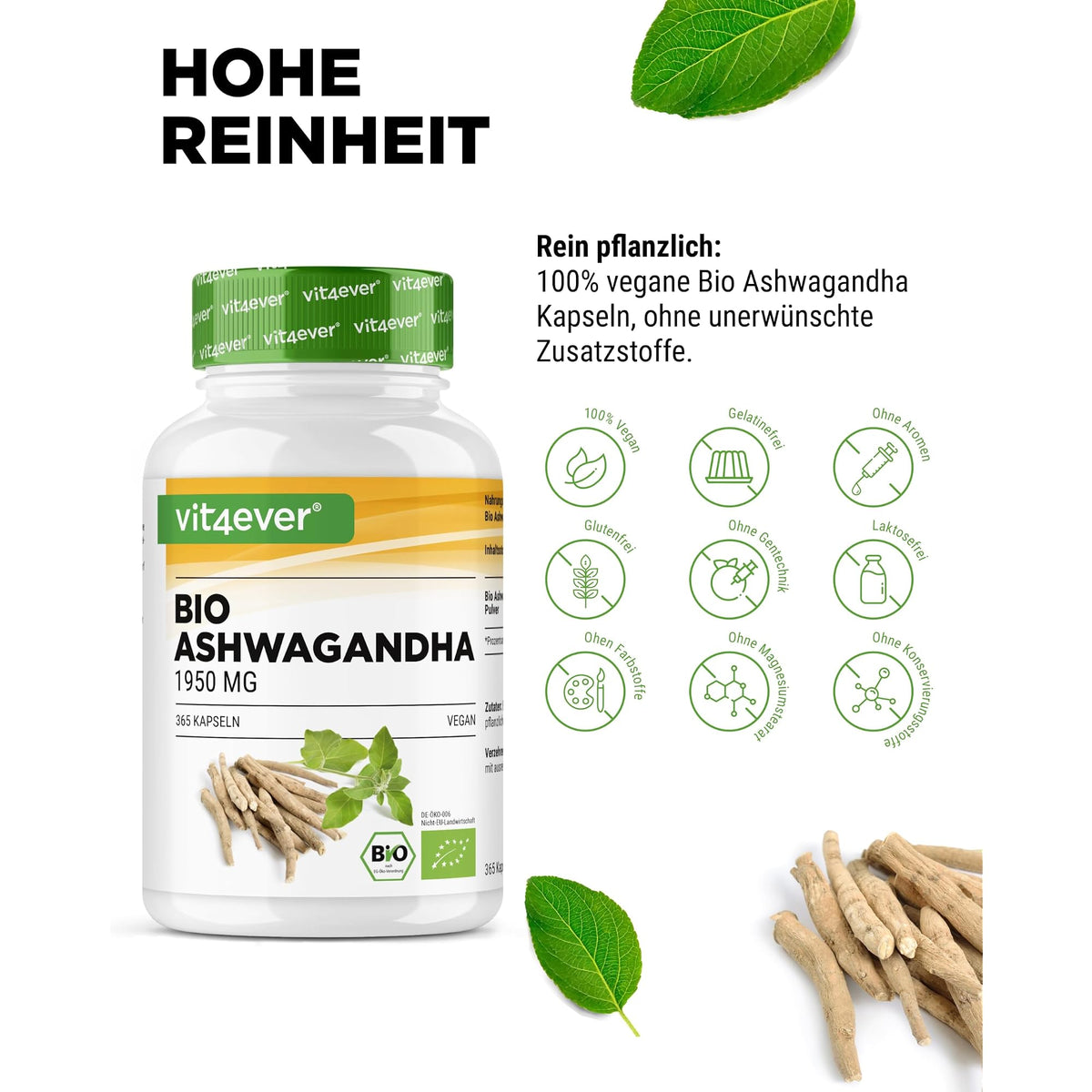 Vit4ever Bio Ashwagandha Wurzelpulver 1950mg 365 Kapseln – Nährwerte und Zutaten auf der Verpackung