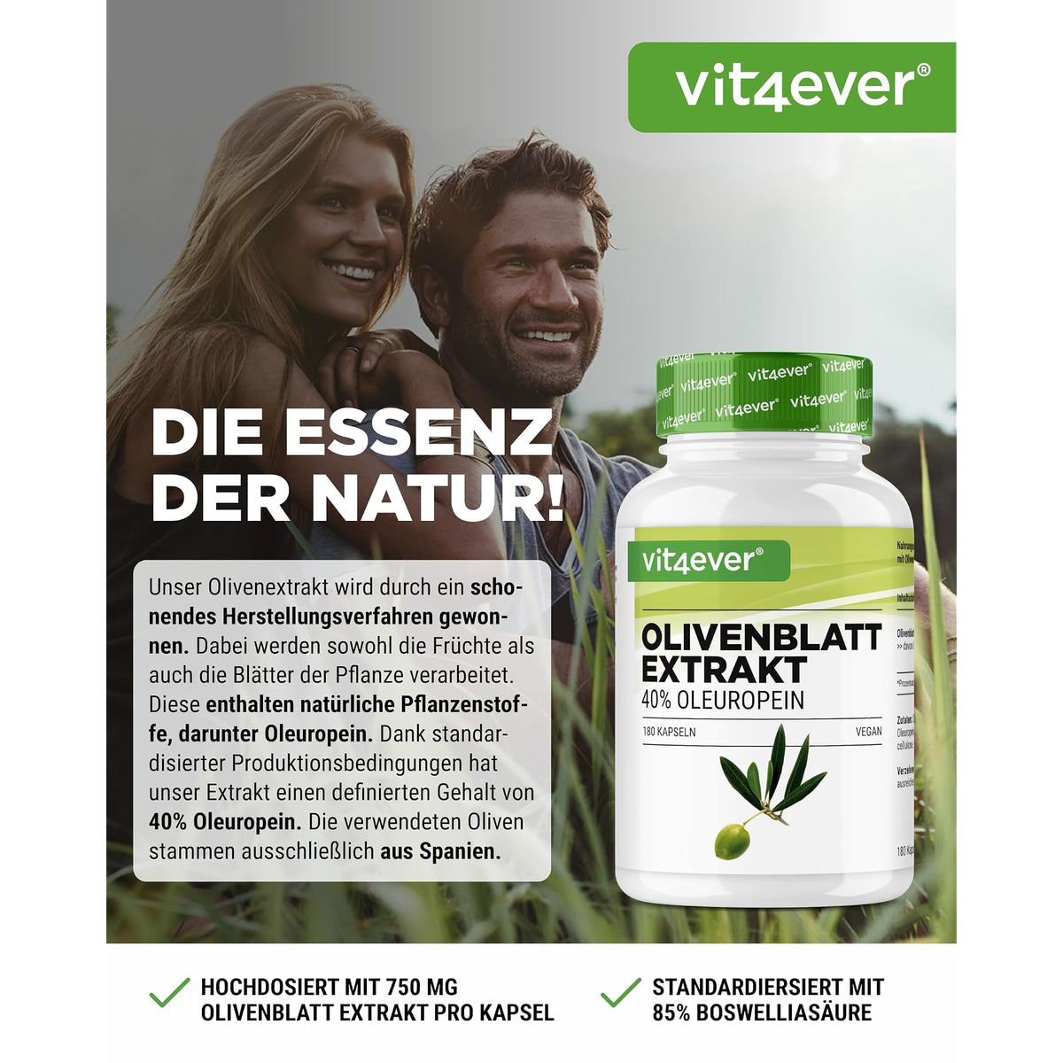 Vit4ever Olivenblattextrakt 650mg (40% Oleuropein) 180 Kapseln – Etikett mit Inhaltsstoffen und Dosierung