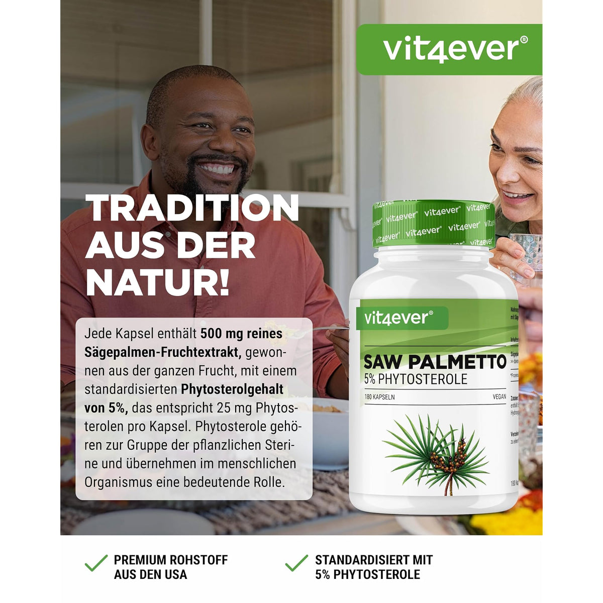 Vit4ever Saw Palmetto Extrakt 500mg 180 Kapseln – Etikett mit Inhaltsstoffen und Dosierung