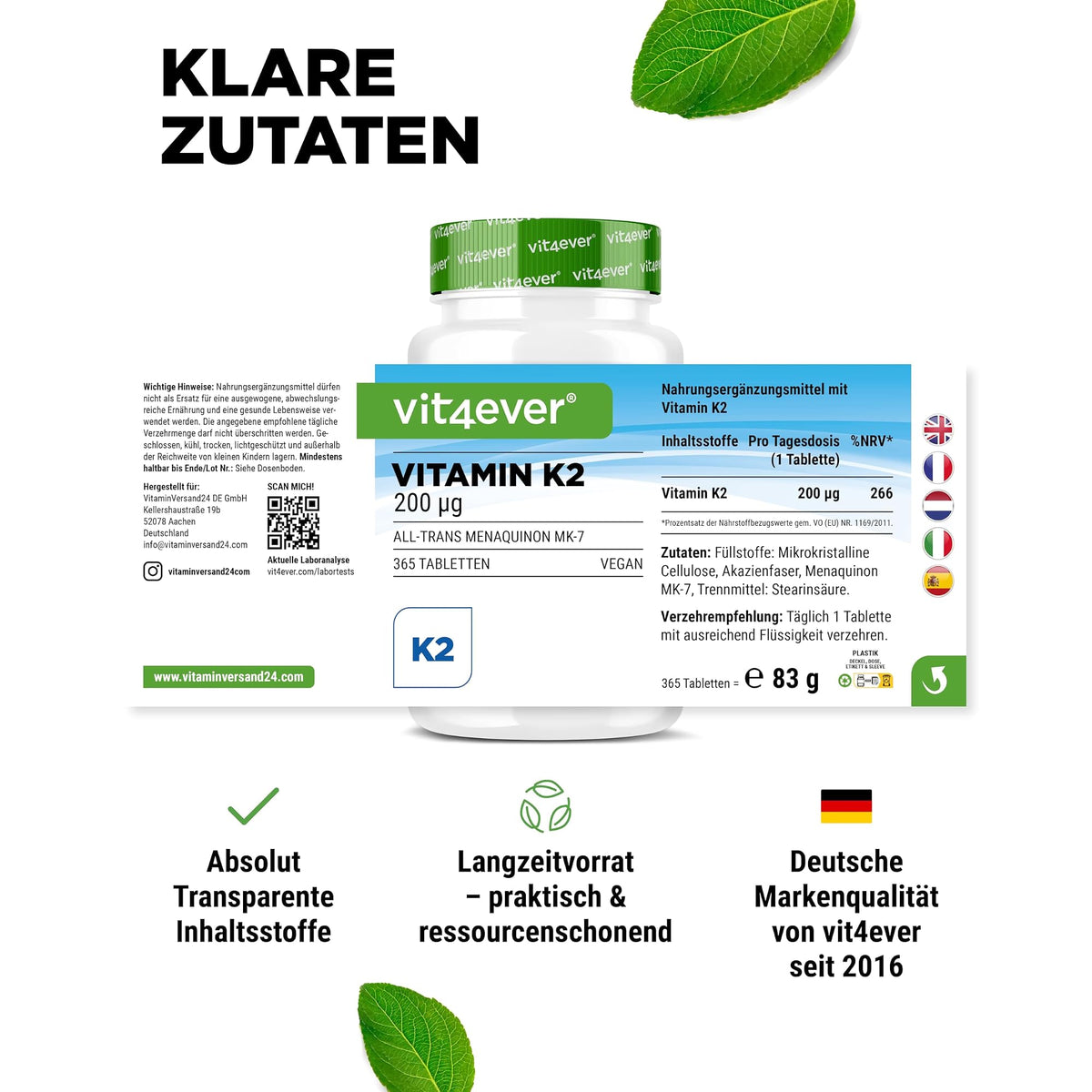 Vit4ever Vitamin K2 MK-7 200 mcg 365 Tabletten – empfohlene Anwendung und Einnahme