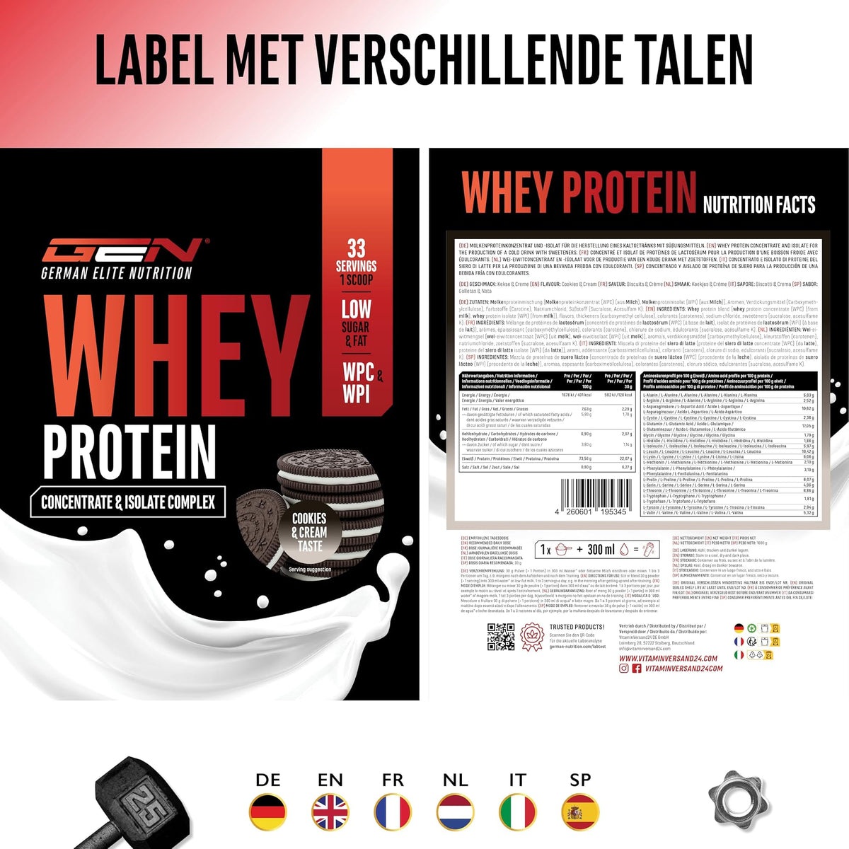GEN Whey Protein Complex Cookies and Cream 1 kg - etiket met voedingswaarden in verschillende talen