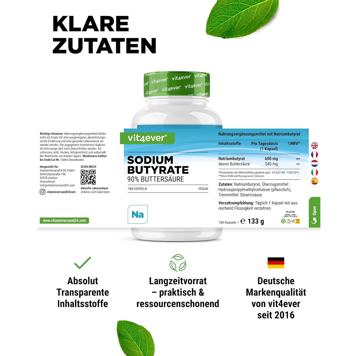 Vit4ever Natriumbutyrat (Buttersäure) 90% 180 Kapseln – empfohlene Anwendung und Einnahme