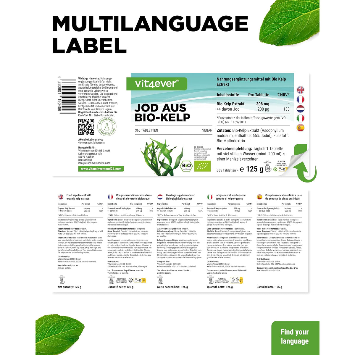 Vit4ever Jod aus Bio Kelp 200 µg 365 Tabletten – Verpackung Rückseite